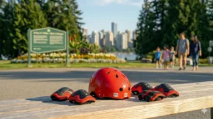 Red safety helmet and protective knee and elbow pads arranged on a wooden bench in a scenic Canadian park setting.