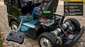 A realistic illustration showing the integrated safety features of a licensed 12V ride on car, including an adjustable seatbelt with a 'SECURE' indicator, and a cutaway view of the parental remote control signal interface and emergency stop function.