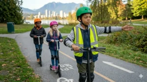 Illustration of a young rider demonstrating left, right, and stop hand signals on a Canadian residential street.