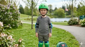 Illustration of essential scooter safety gear for kids including a CSA-certified helmet, knee pads, and elbow pads.