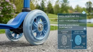 Detailed view of high-rebound PU wheels on a 2-wheel scooter designed for smooth riding on Canadian sidewalks.