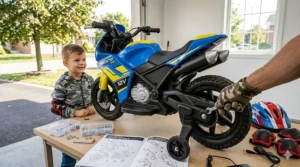 A photorealistic illustration of a 12v electric motorcycle for kids prepared for winter storage inside a Canadian garage with snow visible outside.