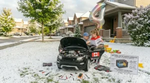 An illustration of a 2 seater 12v ride on car covered with a tarp in a suburban Toronto garage during the Canadian winter storage season.