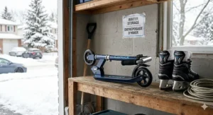 A folded kids' scooter tucked neatly on a garage shelf next to hockey skates, emphasizing compact storage during Canadian winters.