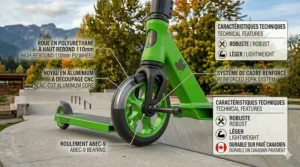 High-rebound PU wheels on a beginner stunt scooter providing a smooth ride for 6-8 year old kids on Canadian pavement.