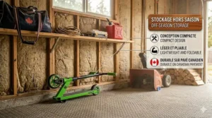 Compact beginner stunt scooter for 6-8 year olds being stored in a garage during the Canadian off-season.
