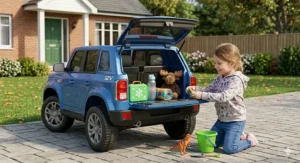A photorealistic 4K image showing a young girl kneeling on a stone driveway, loading toys like a green bucket and a dinosaur into the open rear trunk of a blue 12V ride-on SUV, which already contains a lunchbox and a plush moose.