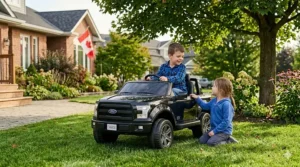 A 4K photorealistic image of a glossy black 12V toy Ford F-150-style truck with a 'CANADA' license plate parked on a lush green lawn in an Ontario backyard. A child sits in the driver's seat smiling at another child kneeling beside the truck, under warm natural sunlight with soft, complex dappled shadows. A Canadian house and flag are visible in the background bokeh.