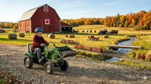 A young toddler using a kids pedal tractor with loader to transport lightweight organic mulch in a suburban backyard garden plot during a spring day.