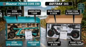 Illustrated "what's in the box" comparison for Razor and Gotrax kids scooters, highlighting easy assembly for busy Canadian parents.
