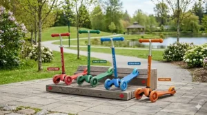 A colorful display of 2-wheel scooters in various shades like maple red, forest green, and ocean blue.