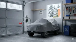 A photorealistic indoor garage scene in Canada showing a covered black 12V toy Ford F-150-style truck in winter storage, plugged into a wall charger with a bilingual 'STORAGE CHARGE / CHARGE DE STOCKAGE' sign.