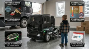 An illustration inside a clean Canadian garage showing a child watching an adult provide essential winter maintenance to a black 12V ride on truck, with bilingual French and English instructions for battery care and storage.