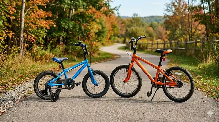A side-by-side (photorealistic) comparison of a 16 inch and 18 inch kids' bike on a Canadian paved trail, highlighting the frame height and wheel diameter differences for growing children.