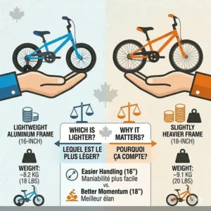 A comparison of a 16 inch and 18 inch kids' bike with clear weight read-outs in KG and LBS, highlighting the difference in maneuverability.