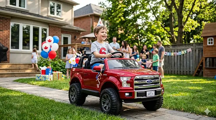 Child enjoying 6th birthday gift ride on toy / Cadeau 6e anniversaire voiture électrique enfant 6th birthday gift ride on toys