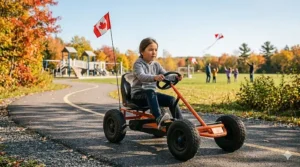 Illustration of a young girl pedaling a red go kart, promoting active outdoor exercise for Canadian children during the summer months.