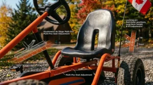 Diagram showing the adjustable bucket seat positions on a pedal go kart to accommodate growing children from ages 6 to 8.