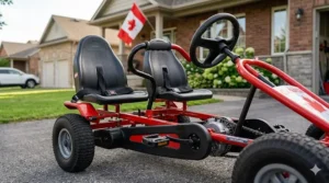 Diagram showing the adjustable seating positions of a 2 seater pedal go kart kids frame to accommodate growing children.