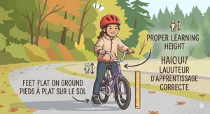 Illustration showing the "feet flat on ground" rule, a crucial step in the guide on when to remove training wheels safely.
