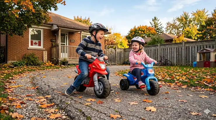 Two children of different ages playing together on a durable ride-on toy outdoors in Canada. ride on toys for two kids different ages