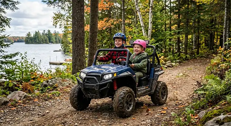 Kids enjoying an all-terrain electric ride-on vehicle on a Canadian cottage trail. all terrain ride on vehicles kids