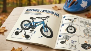 Illustration of a bilingual English and French assembly guide for a training wheel bike for a 5-year-old in Canada.