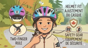 Illustration of a child wearing a CSA-certified Canadian bike helmet and pads, emphasizing safety during the transition period.
