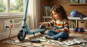 Illustration showing safe charging practices for a kids electric ride-on toy with Canadian certified power adapters.