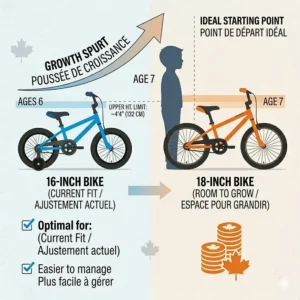 A graphic illustrating how growth spurts impact the investment decision between a 16 inch bike or an 18 inch model.