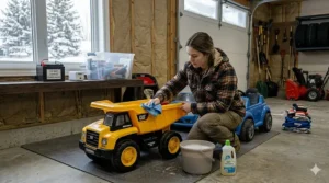 Parent wiping down a plastic ride-on toy with a cloth before winter storage.