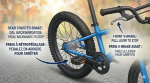 Illustration of the easy-to-use coaster and hand brake system on a training wheel bike for a 5-year-old.