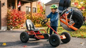 Illustration highlighting the reinforced steel frame and handbrake of a pedal go kart for 6-8 year olds, designed for rugged Canadian terrains.