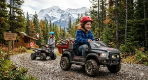 Child operating a heavy duty ride on dump truck, a perfect outdoor toy for Canadian children aged 5-8.