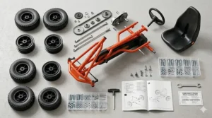 Exploded view illustration of the simple assembly components for a 6-8 year old's pedal go kart, emphasizing quick setup for parents.