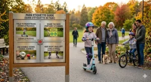 Illustration of a 6-year-old practicing good trail etiquette on an electric bike in a Canadian public park.
