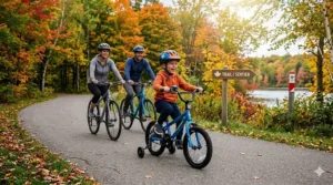 A family enjoying an outdoor lifestyle with a 5-year-old child on a training wheel bike in a scenic Canadian landscape.