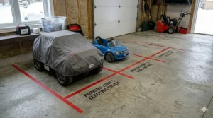 A garage floor marked with tape to create organized parking zones for kids' toys.