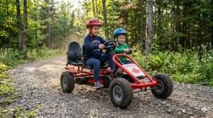 A 2 seater pedal go kart for kids stored neatly alongside a snow shovel in a Canadian garage, showing compact footprint.