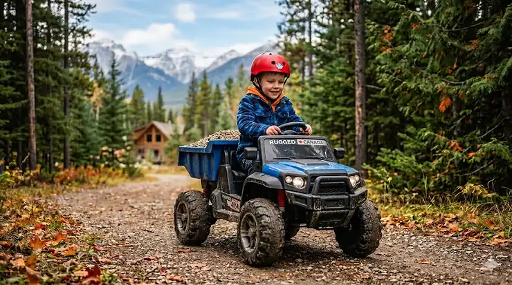 Child in a safety helmet driving a heavy duty ride on toy for 5-8 year olds along a Canadian mountain trail. heavy duty ride on toys 5-8 year olds