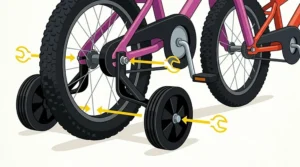Durable rubber-coated quality kids bike training wheels designed for stability on Canadian sidewalks.