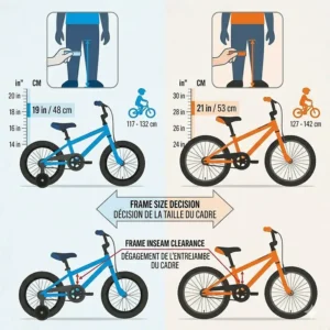 Illustration/technical diagram showing how to measure a child's inseam (in cm and inches) to choose between a 16 inch and 18 inch bike frame.