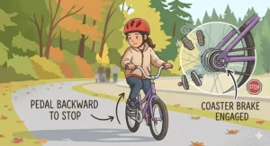 Illustration of a child using coaster brakes effectively on a sidewalk, demonstrating readiness for independent cycling.