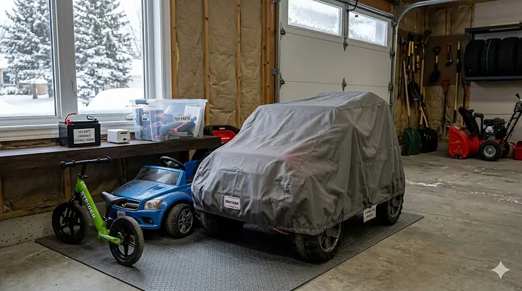 Child's electric ride-on car cleaned and covered in a detached Canadian garage. how to store kids ride on toys winter