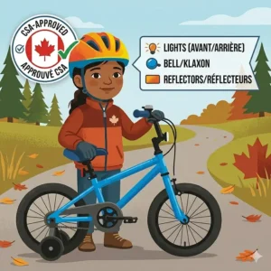 Illustration of a child wearing a CSA-approved helmet with bilingual English and French safety tips for cycling in Canada.