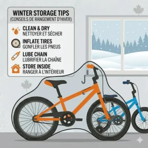 A scene in a Canadian garage showing bikes stored for winter with a bilingual English/French safety checklist and a view of snow through the window.