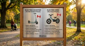 Infographic comparing an electric scooter or bike for a 6 year old, highlighting speed limits, battery life, and safety features for Canadian parents.
