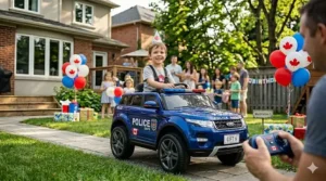 Kid driving ride on toy in Canadian backyard / Enfant conduisant un jouet dans le jardin