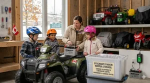 An illustration teaching a child to yield to pedestrians while driving an outdoor ride-on toy on a public sidewalk, highlighting tips from the outdoor ride on safety guide 5-8 year olds.