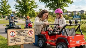 A child driving a toy truck with bright LED headlights at dusk, highlighting visibility rules in the outdoor ride on safety guide 5-8 year olds.